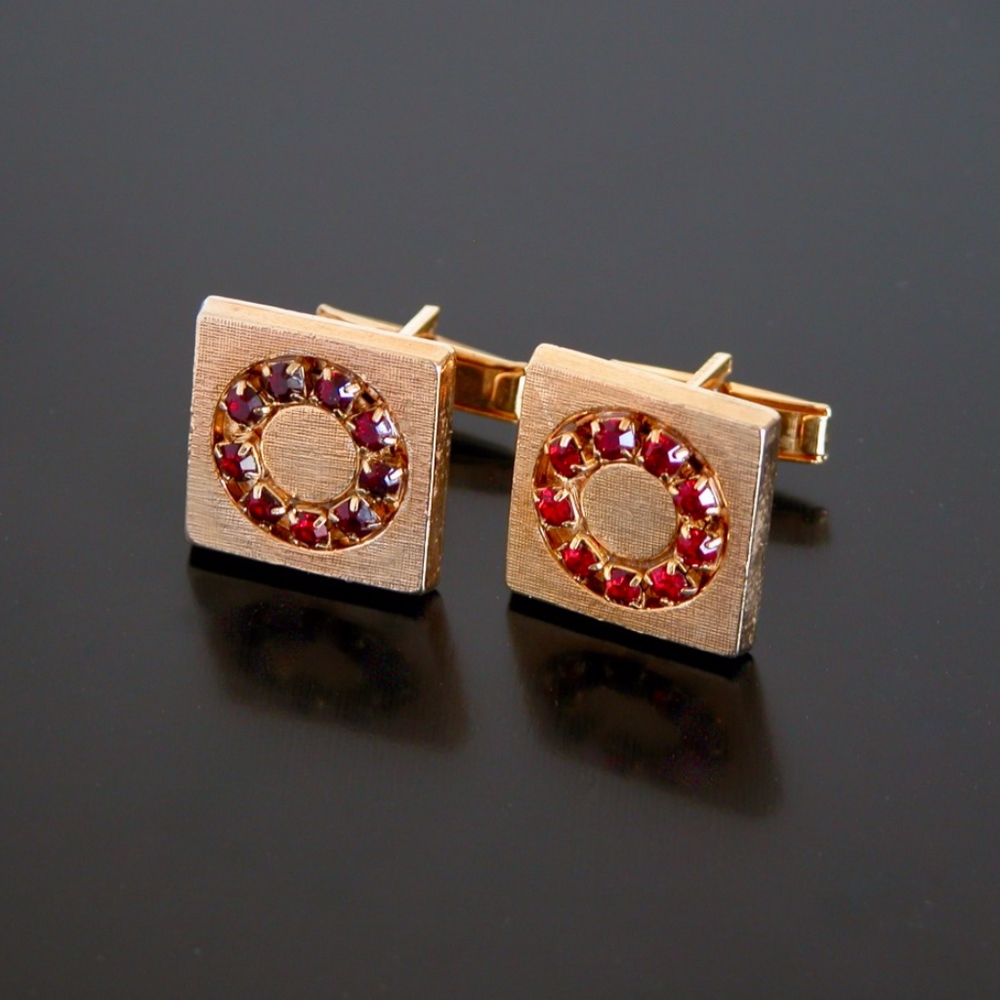 Vintage Modern Red Jeweled Gold Tone Cufflinks
